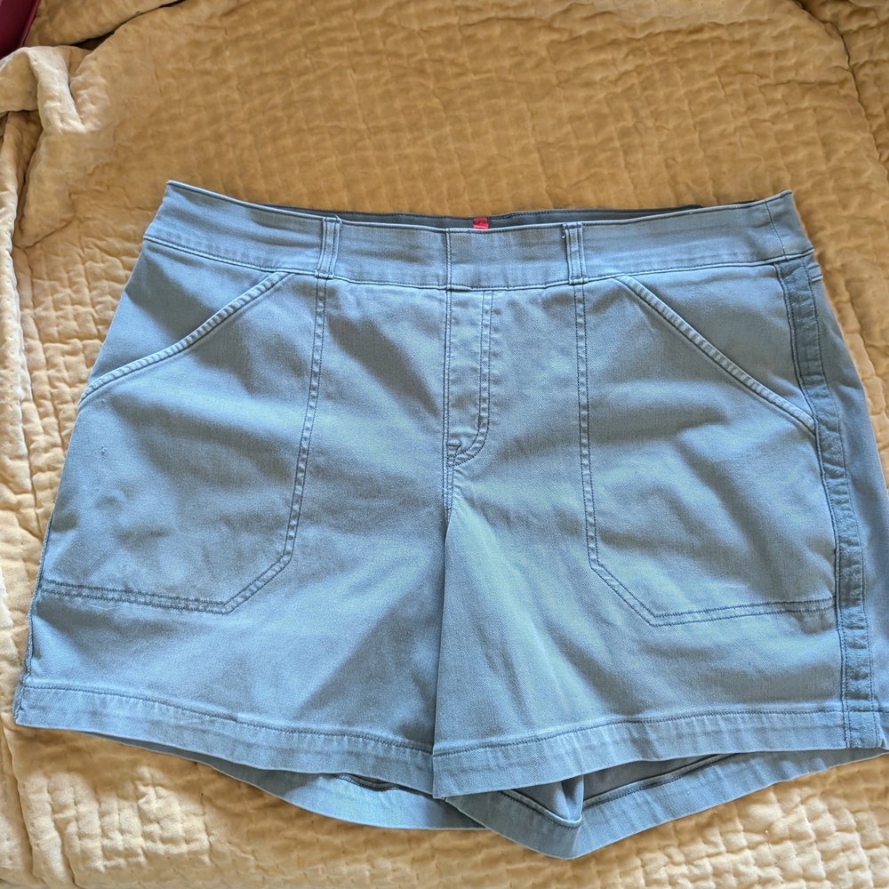 SPANX Medium Green Denim Canvas Utility Shorts with Front Patch Pockets